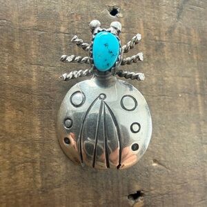 Vintage Native Navajo Sterling Silver Turquoise Bug Brooch Pin Signed MJ Garcia